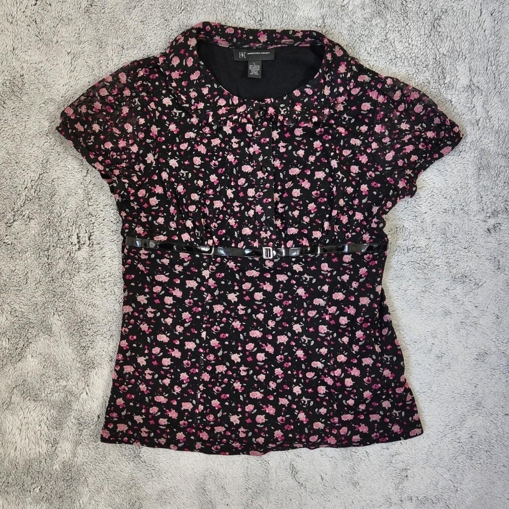 Y2K Office Siren Black and Pink Floral Babydoll Buckled Top INC Size Large